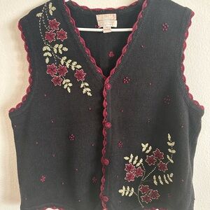 Christopher & Banks Black Sweater Vest with Red Floral Embroidery